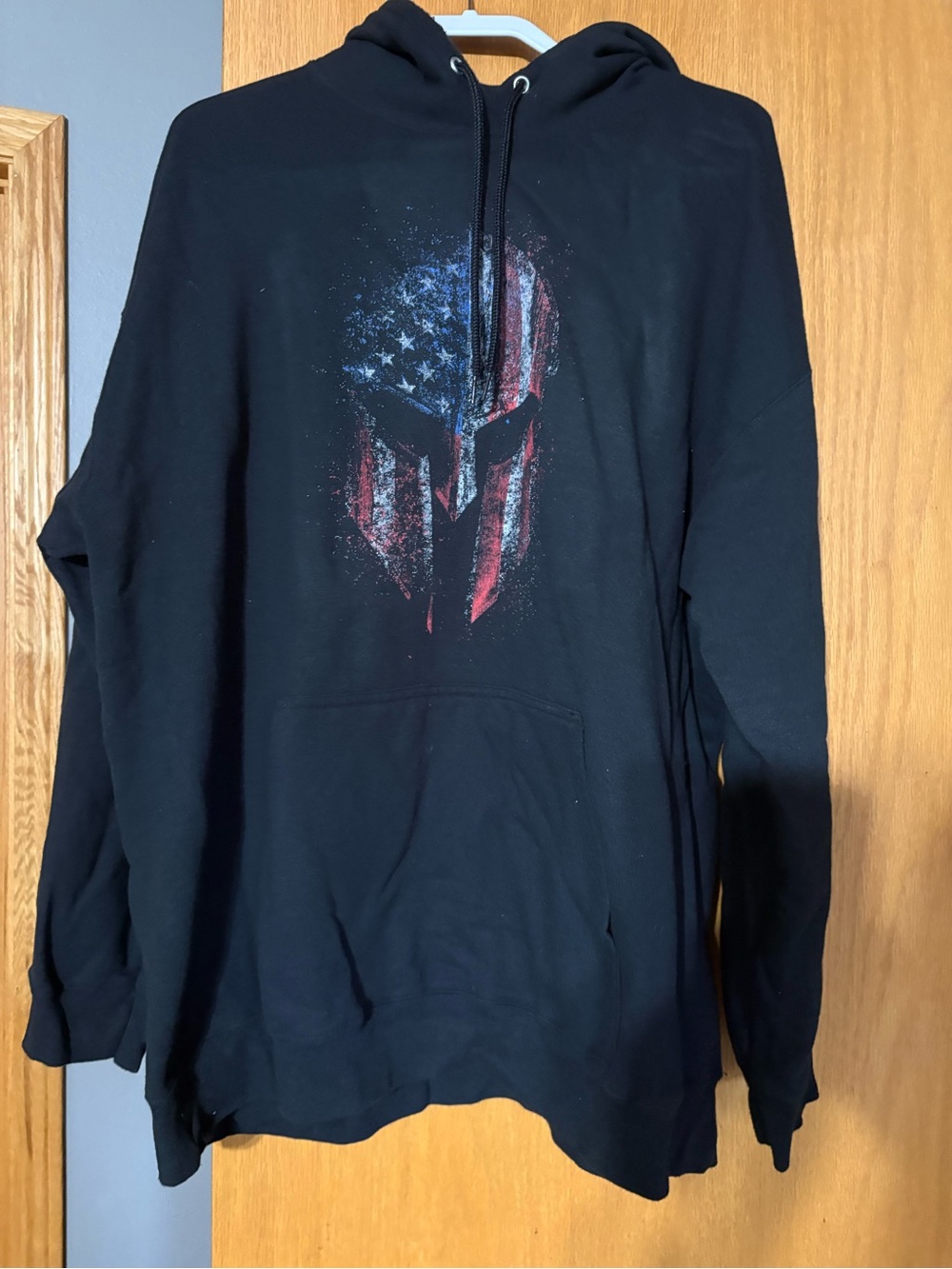 Grunt Style Black Hoodie with American Flag Spartan Helmet Graphic